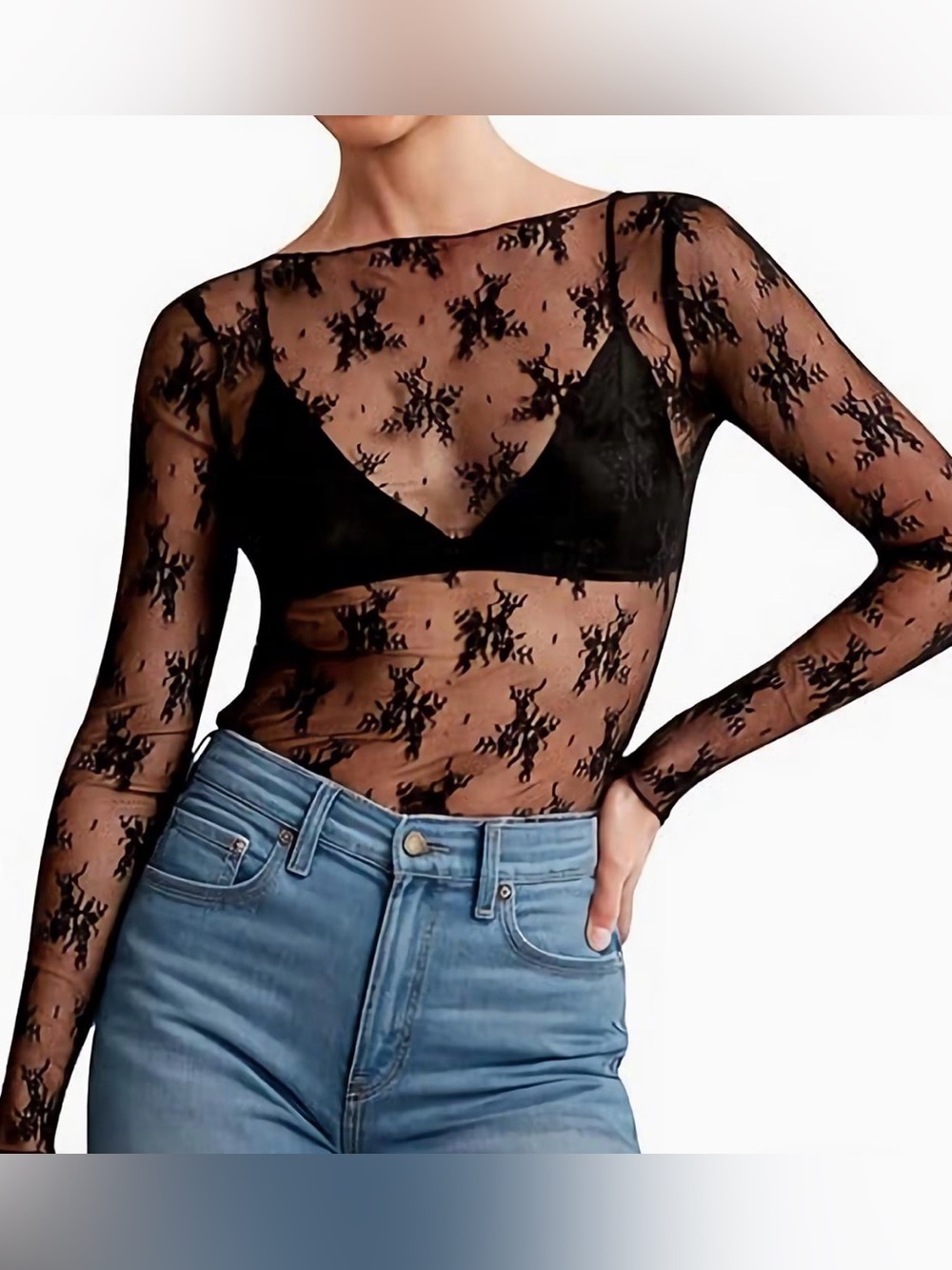 Sheer Black Lace Long-Sleeve Top